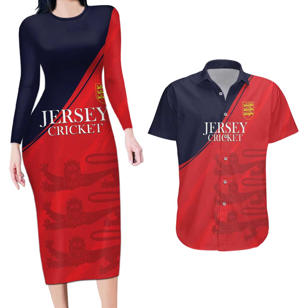Custom Bailiwick of Jersey Cricket Couples Matching Long Sleeve Bodycon Dress and Hawaiian Shirt Jer Lions Champion Red Version - Wonder Print Shop