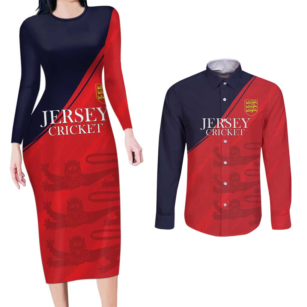 Custom Bailiwick of Jersey Cricket Couples Matching Long Sleeve Bodycon Dress and Long Sleeve Button Shirt Jer Lions Champion Red Version - Wonder Print Shop