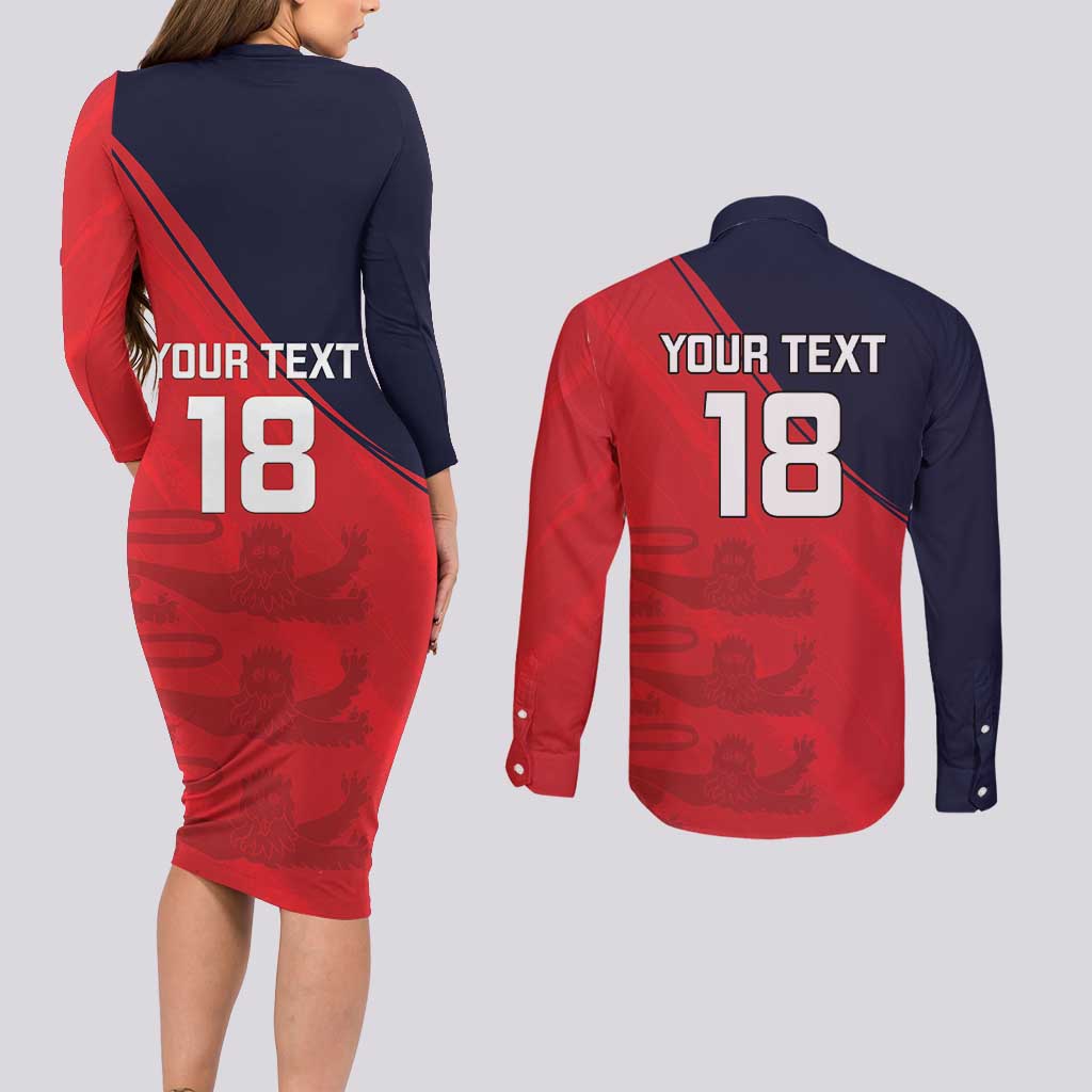 Custom Bailiwick of Jersey Cricket Couples Matching Long Sleeve Bodycon Dress and Long Sleeve Button Shirt Jer Lions Champion Red Version - Wonder Print Shop