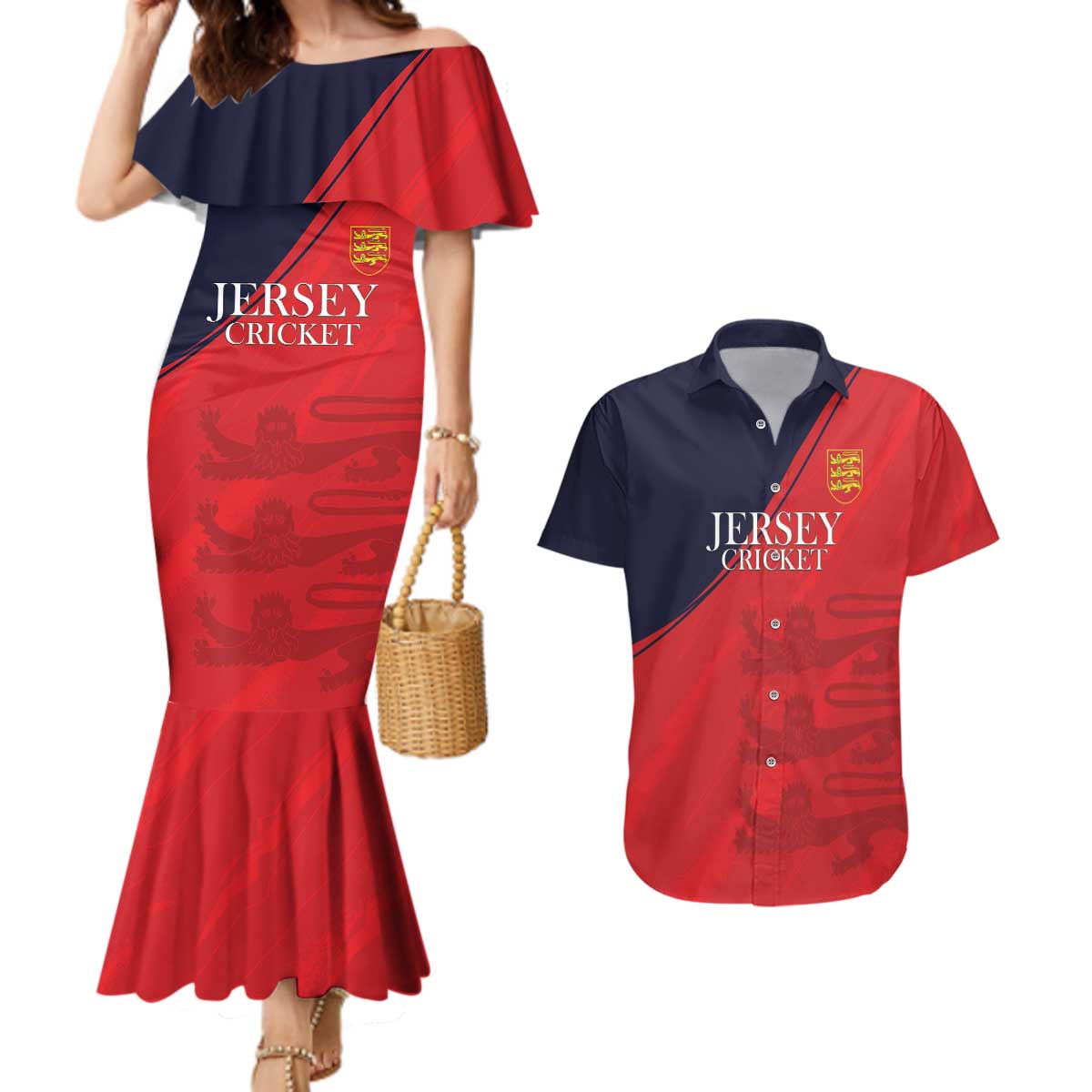 Custom Bailiwick of Jersey Cricket Couples Matching Mermaid Dress and Hawaiian Shirt Jer Lions Champion Red Version - Wonder Print Shop