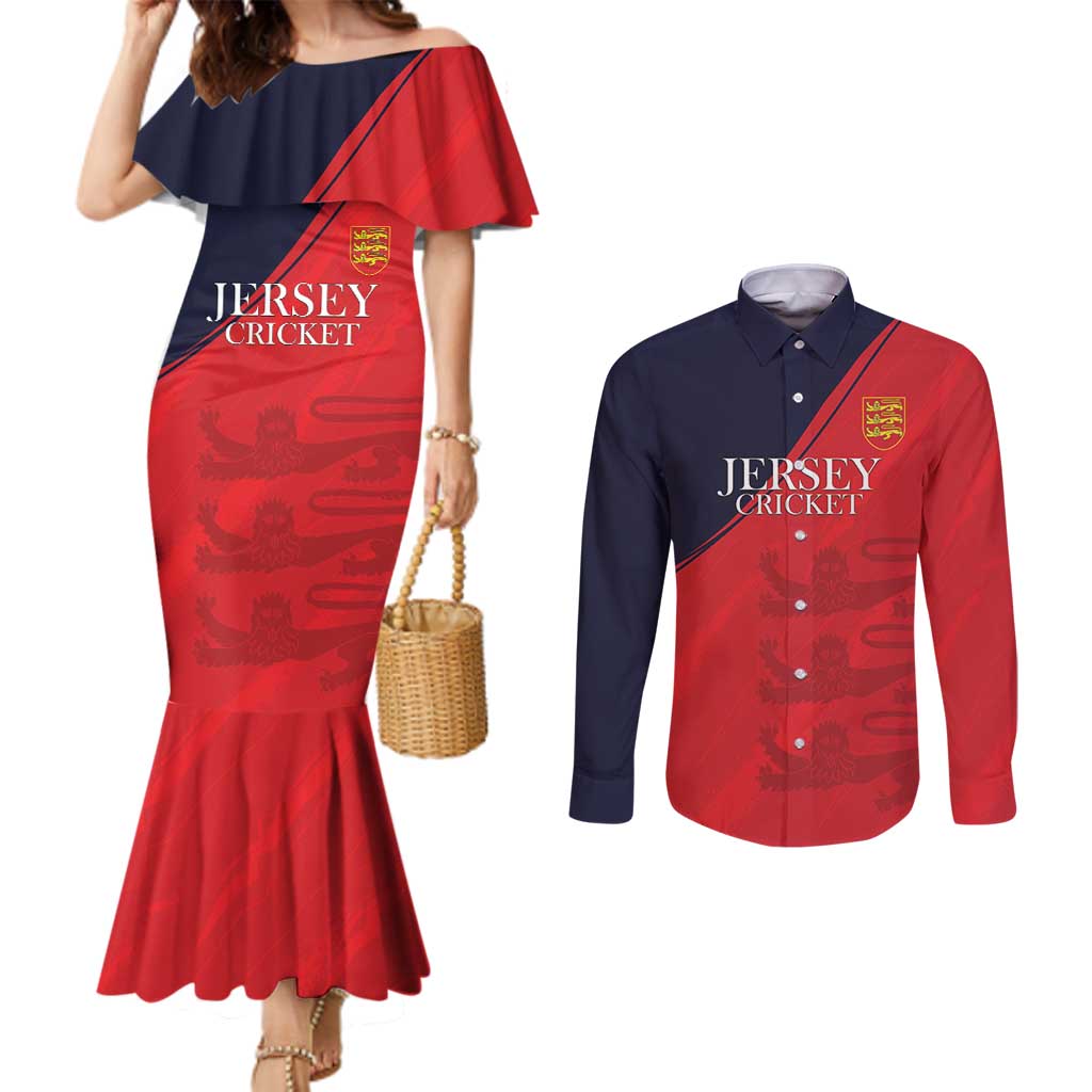 Custom Bailiwick of Jersey Cricket Couples Matching Mermaid Dress and Long Sleeve Button Shirt Jer Lions Champion Red Version - Wonder Print Shop