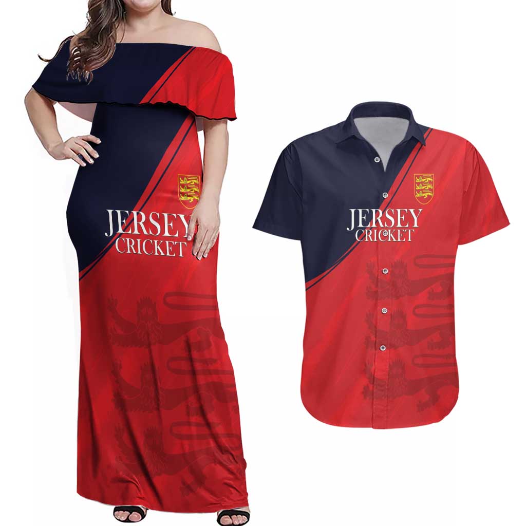 Custom Bailiwick of Jersey Cricket Couples Matching Off Shoulder Maxi Dress and Hawaiian Shirt Jer Lions Champion Red Version - Wonder Print Shop