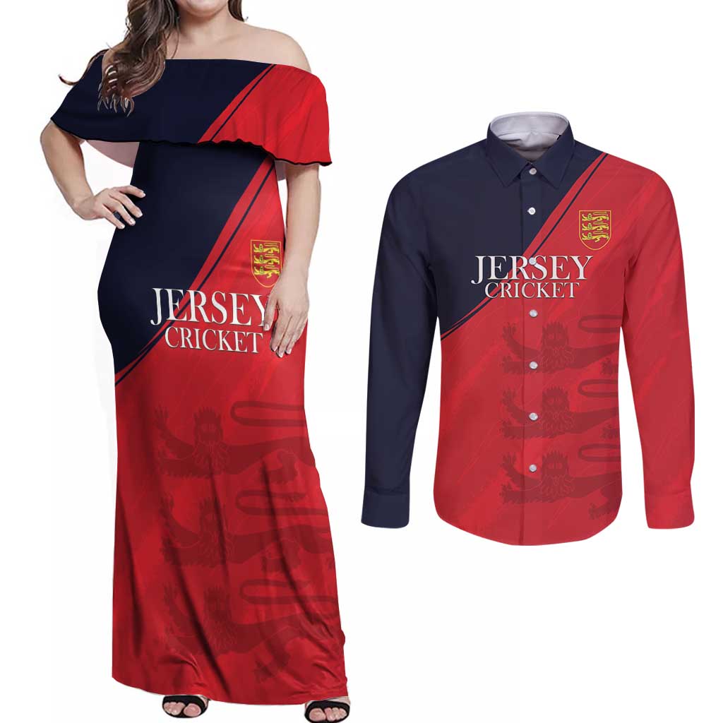 Custom Bailiwick of Jersey Cricket Couples Matching Off Shoulder Maxi Dress and Long Sleeve Button Shirt Jer Lions Champion Red Version - Wonder Print Shop