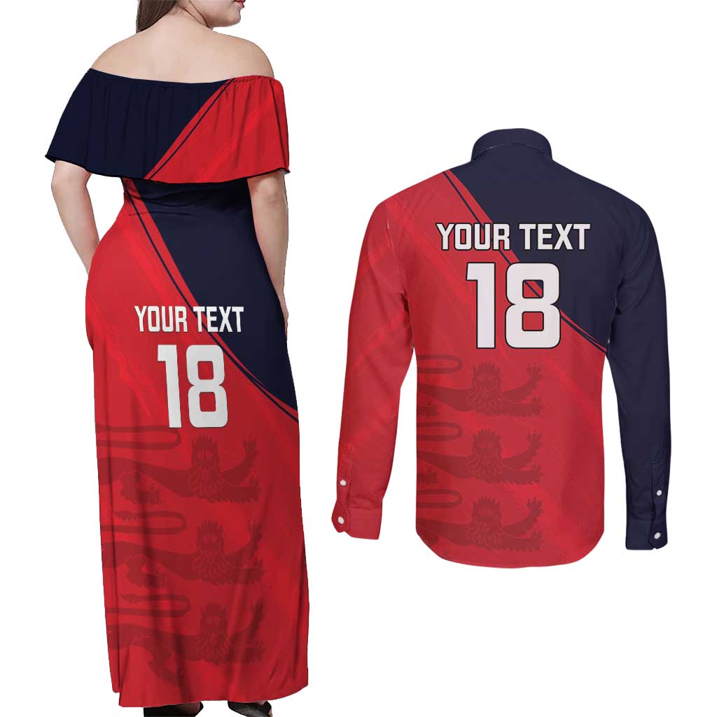 Custom Bailiwick of Jersey Cricket Couples Matching Off Shoulder Maxi Dress and Long Sleeve Button Shirt Jer Lions Champion Red Version - Wonder Print Shop