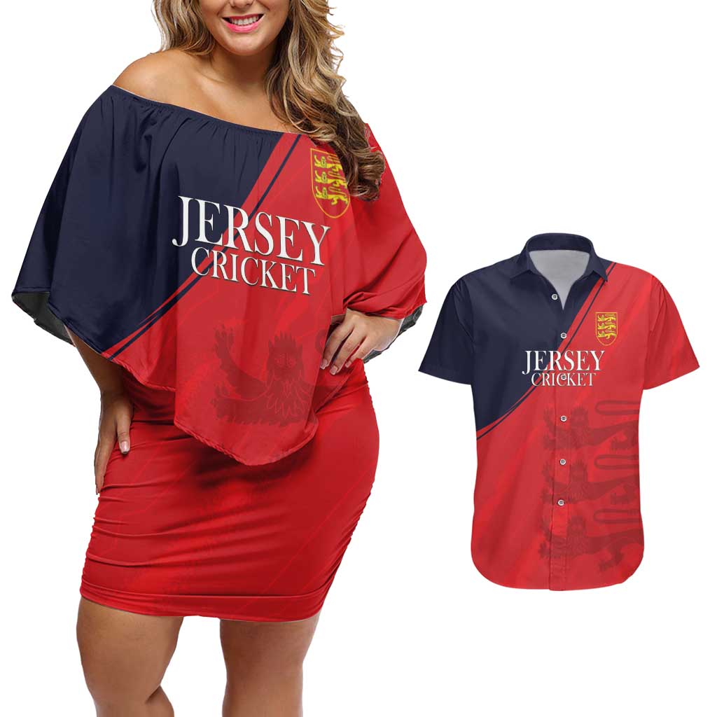 Custom Bailiwick of Jersey Cricket Couples Matching Off Shoulder Short Dress and Hawaiian Shirt Jer Lions Champion Red Version - Wonder Print Shop