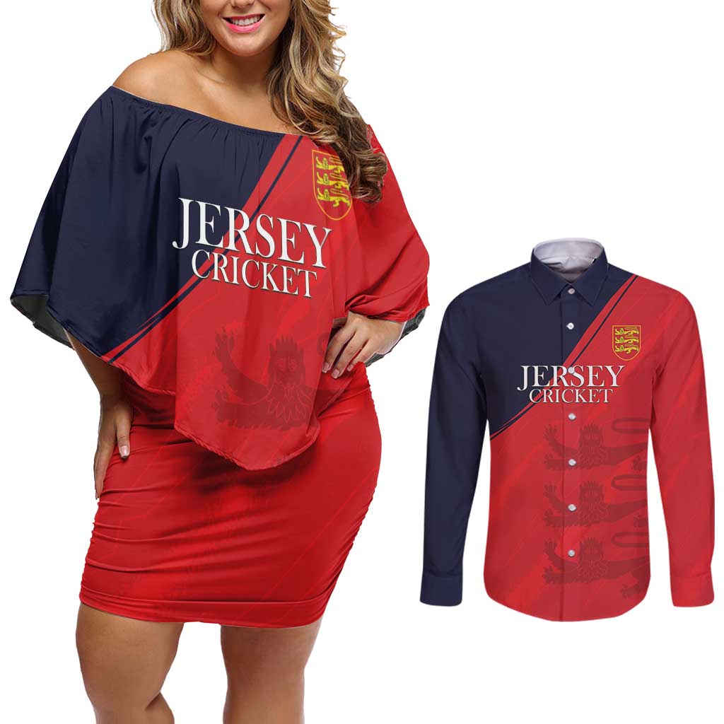 Custom Bailiwick of Jersey Cricket Couples Matching Off Shoulder Short Dress and Long Sleeve Button Shirt Jer Lions Champion Red Version - Wonder Print Shop