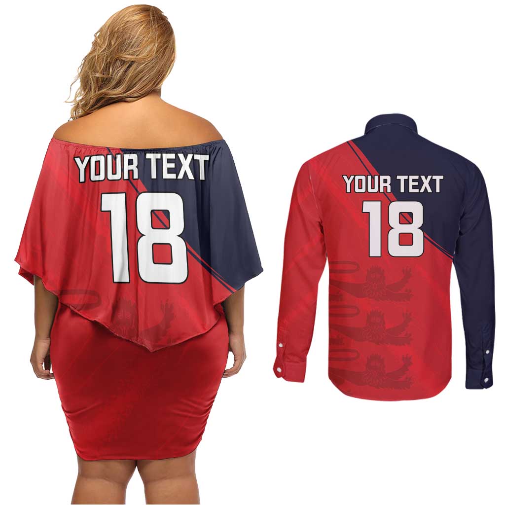 Custom Bailiwick of Jersey Cricket Couples Matching Off Shoulder Short Dress and Long Sleeve Button Shirt Jer Lions Champion Red Version - Wonder Print Shop