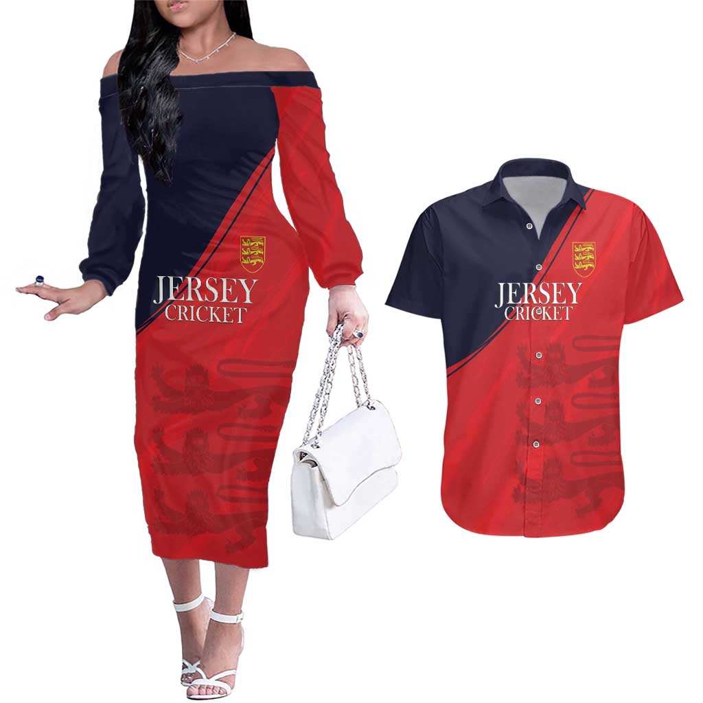 Custom Bailiwick of Jersey Cricket Couples Matching Off The Shoulder Long Sleeve Dress and Hawaiian Shirt Jer Lions Champion Red Version - Wonder Print Shop