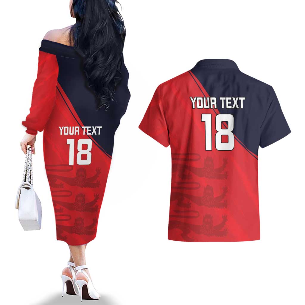 Custom Bailiwick of Jersey Cricket Couples Matching Off The Shoulder Long Sleeve Dress and Hawaiian Shirt Jer Lions Champion Red Version - Wonder Print Shop