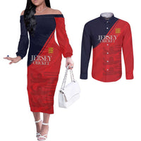 Custom Bailiwick of Jersey Cricket Couples Matching Off The Shoulder Long Sleeve Dress and Long Sleeve Button Shirt Jer Lions Champion Red Version - Wonder Print Shop