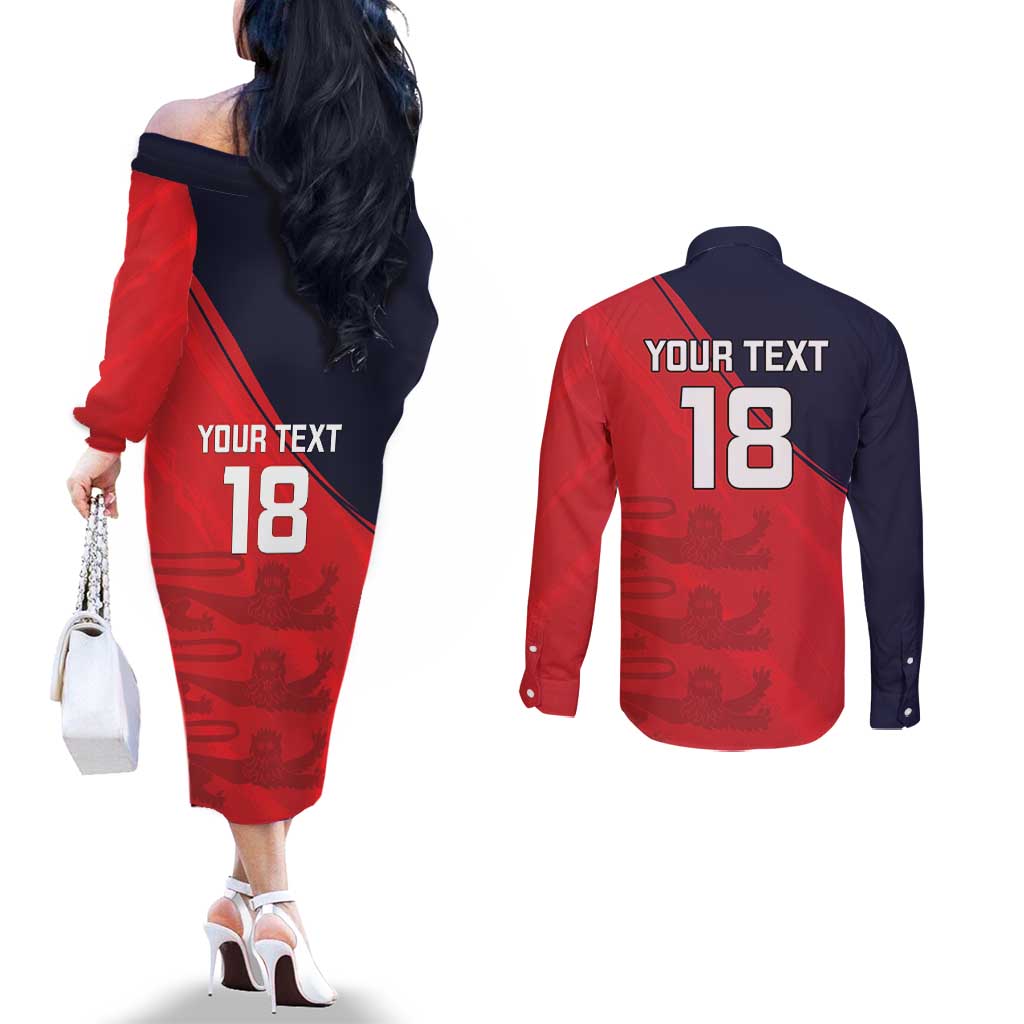 Custom Bailiwick of Jersey Cricket Couples Matching Off The Shoulder Long Sleeve Dress and Long Sleeve Button Shirt Jer Lions Champion Red Version - Wonder Print Shop
