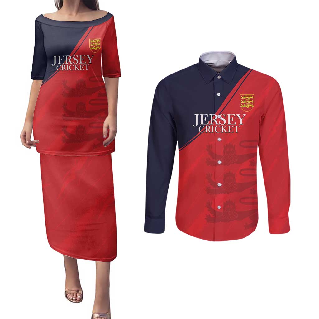 Custom Bailiwick of Jersey Cricket Couples Matching Puletasi and Long Sleeve Button Shirt Jer Lions Champion Red Version - Wonder Print Shop