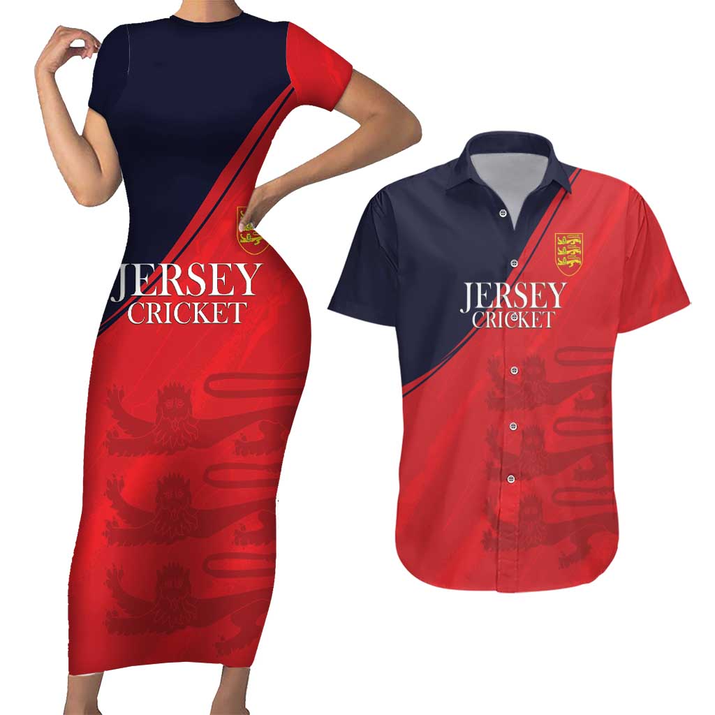 Custom Bailiwick of Jersey Cricket Couples Matching Short Sleeve Bodycon Dress and Hawaiian Shirt Jer Lions Champion Red Version - Wonder Print Shop