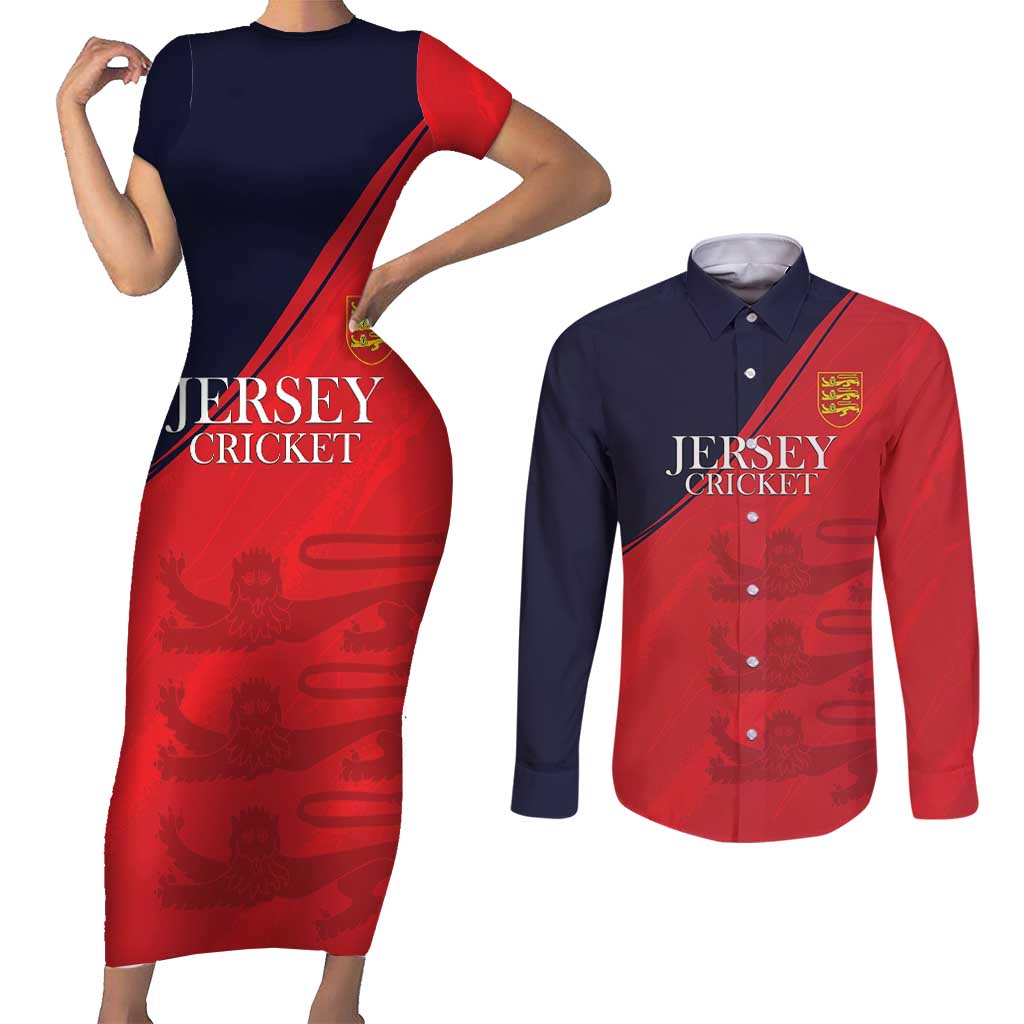 Custom Bailiwick of Jersey Cricket Couples Matching Short Sleeve Bodycon Dress and Long Sleeve Button Shirt Jer Lions Champion Red Version - Wonder Print Shop