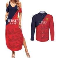 Custom Bailiwick of Jersey Cricket Couples Matching Summer Maxi Dress and Long Sleeve Button Shirt Jer Lions Champion Red Version - Wonder Print Shop