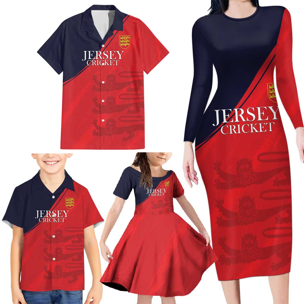 Custom Bailiwick of Jersey Cricket Family Matching Long Sleeve Bodycon Dress and Hawaiian Shirt Jer Lions Champion Red Version - Wonder Print Shop