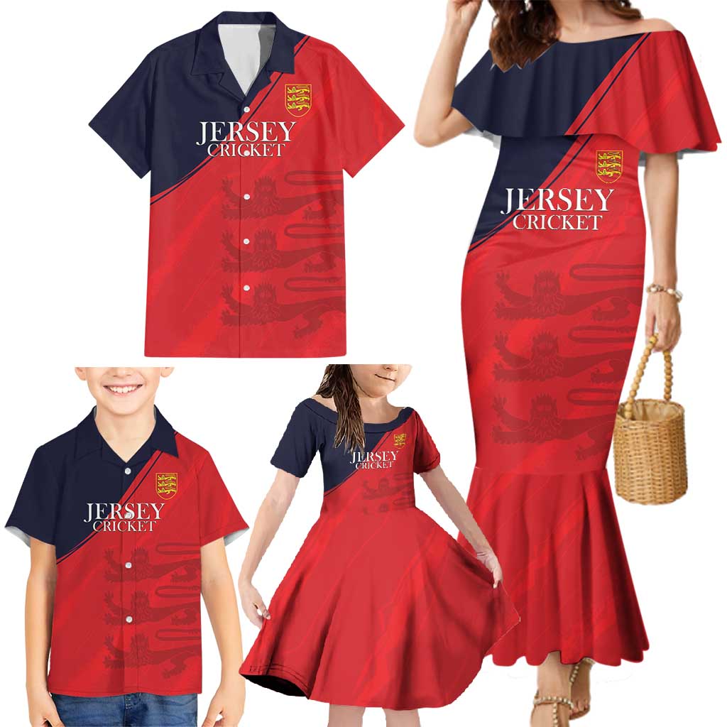 Custom Bailiwick of Jersey Cricket Family Matching Mermaid Dress and Hawaiian Shirt Jer Lions Champion Red Version - Wonder Print Shop