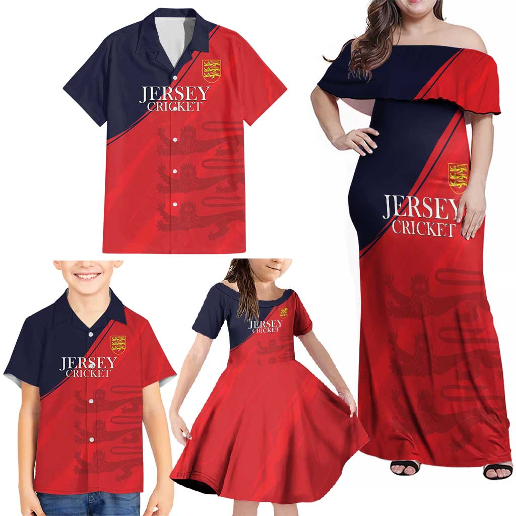 Custom Bailiwick of Jersey Cricket Family Matching Off Shoulder Maxi Dress and Hawaiian Shirt Jer Lions Champion Red Version - Wonder Print Shop