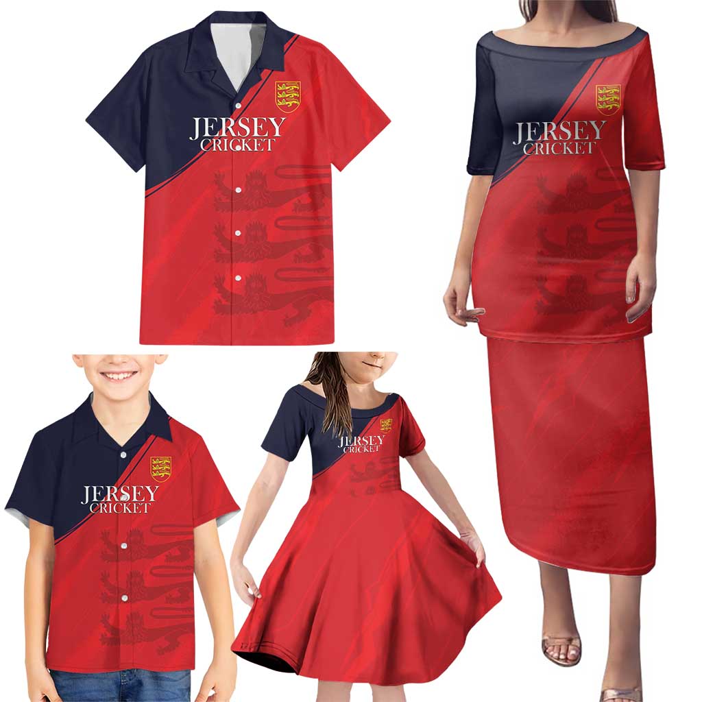 Custom Bailiwick of Jersey Cricket Family Matching Puletasi and Hawaiian Shirt Jer Lions Champion Red Version - Wonder Print Shop