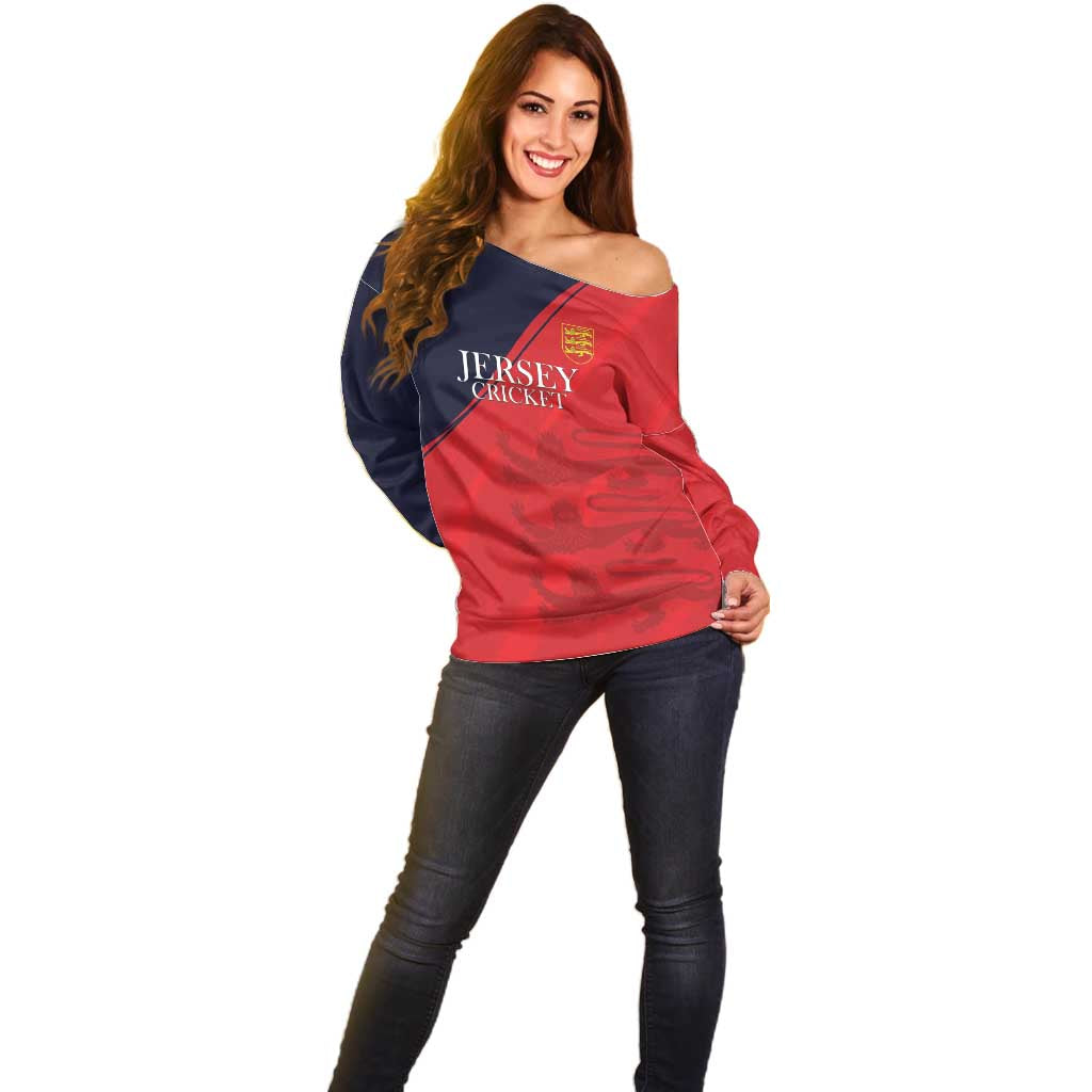 Custom Bailiwick of Jersey Cricket Off Shoulder Sweater Jer Lions Champion Red Version - Wonder Print Shop