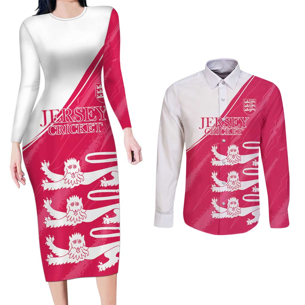 Custom Bailiwick of Jersey Cricket Couples Matching Long Sleeve Bodycon Dress and Long Sleeve Button Shirt Jer Lions Champion Pink Version - Wonder Print Shop