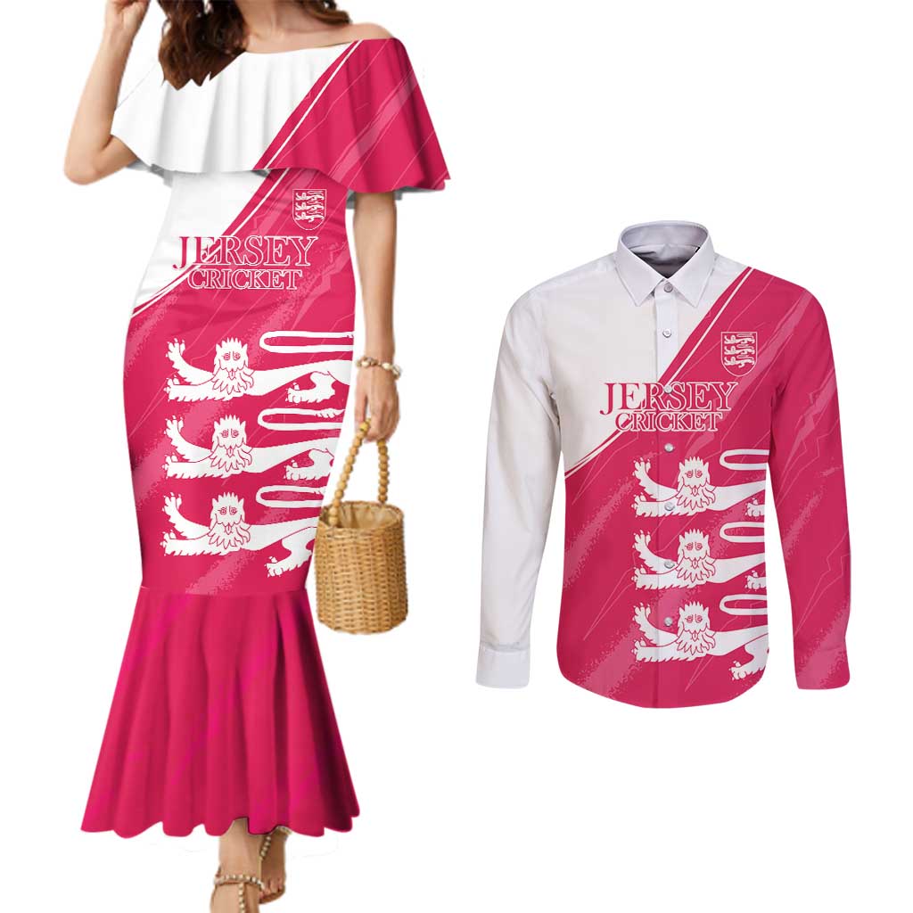 Custom Bailiwick of Jersey Cricket Couples Matching Mermaid Dress and Long Sleeve Button Shirt Jer Lions Champion Pink Version - Wonder Print Shop