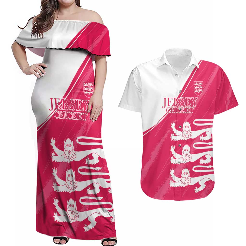 Custom Bailiwick of Jersey Cricket Couples Matching Off Shoulder Maxi Dress and Hawaiian Shirt Jer Lions Champion Pink Version - Wonder Print Shop