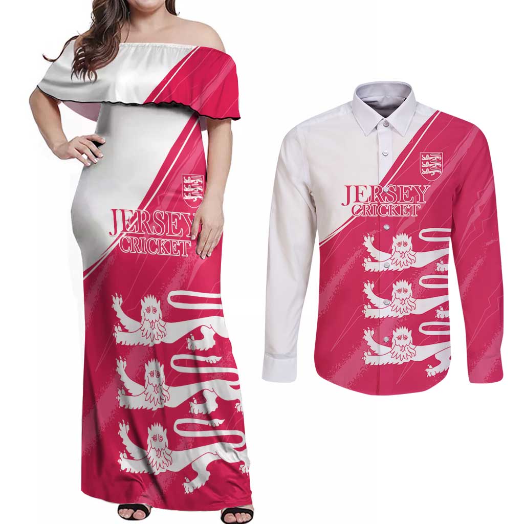 Custom Bailiwick of Jersey Cricket Couples Matching Off Shoulder Maxi Dress and Long Sleeve Button Shirt Jer Lions Champion Pink Version - Wonder Print Shop