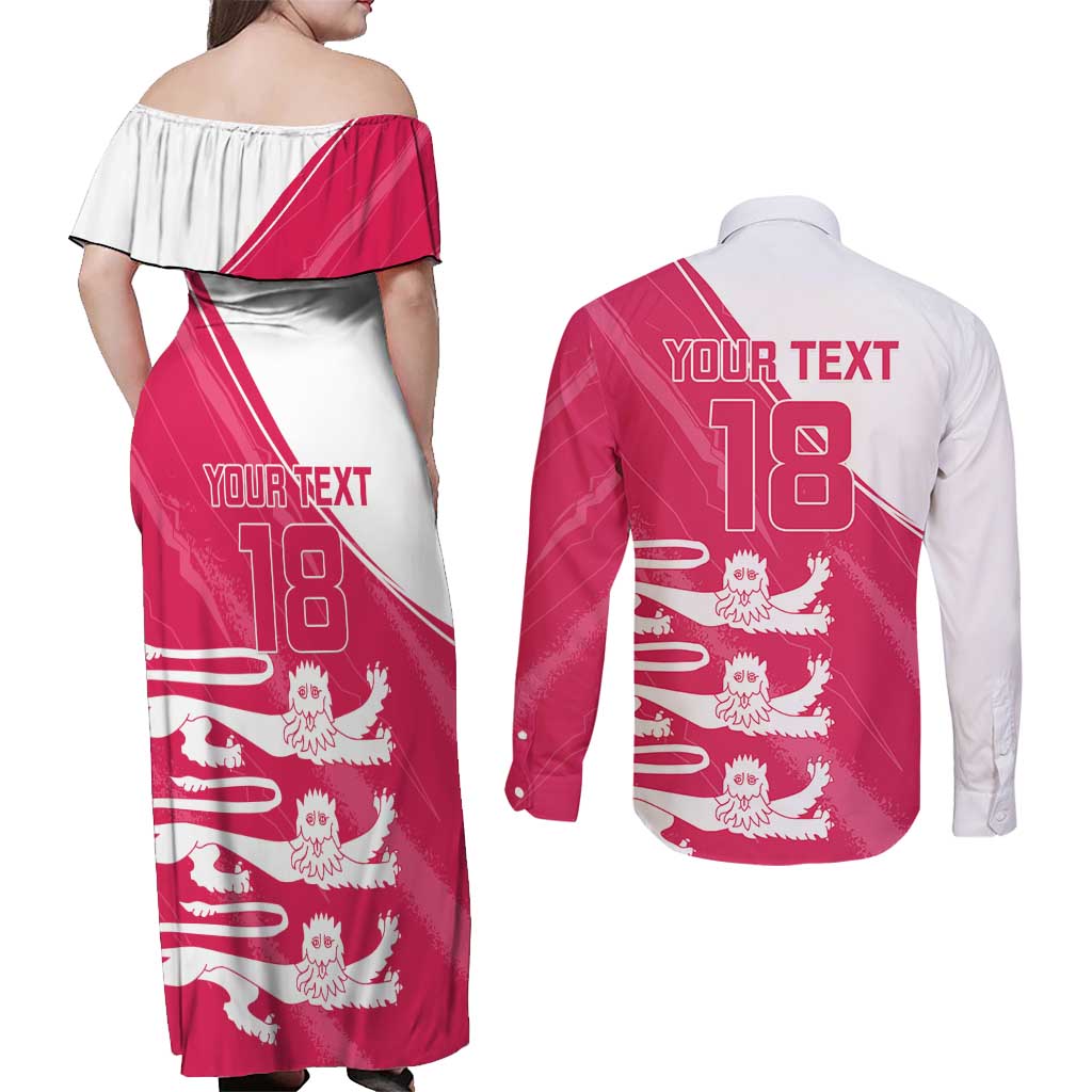 Custom Bailiwick of Jersey Cricket Couples Matching Off Shoulder Maxi Dress and Long Sleeve Button Shirt Jer Lions Champion Pink Version - Wonder Print Shop