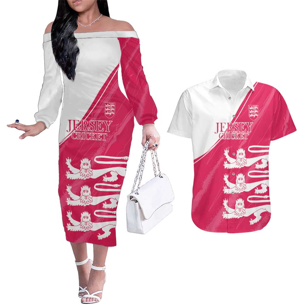 Custom Bailiwick of Jersey Cricket Couples Matching Off The Shoulder Long Sleeve Dress and Hawaiian Shirt Jer Lions Champion Pink Version - Wonder Print Shop