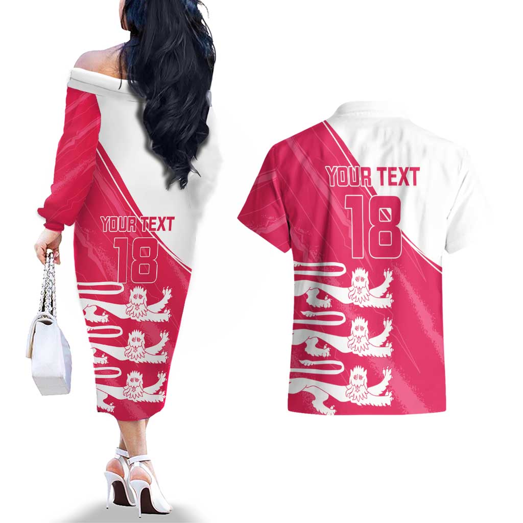 Custom Bailiwick of Jersey Cricket Couples Matching Off The Shoulder Long Sleeve Dress and Hawaiian Shirt Jer Lions Champion Pink Version - Wonder Print Shop