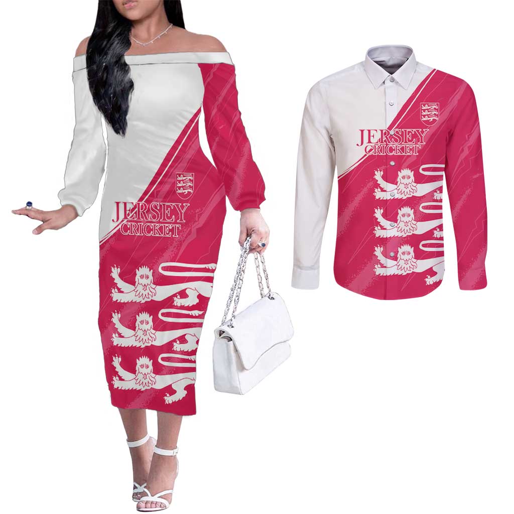 Custom Bailiwick of Jersey Cricket Couples Matching Off The Shoulder Long Sleeve Dress and Long Sleeve Button Shirt Jer Lions Champion Pink Version - Wonder Print Shop