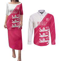 Custom Bailiwick of Jersey Cricket Couples Matching Puletasi and Long Sleeve Button Shirt Jer Lions Champion Pink Version - Wonder Print Shop