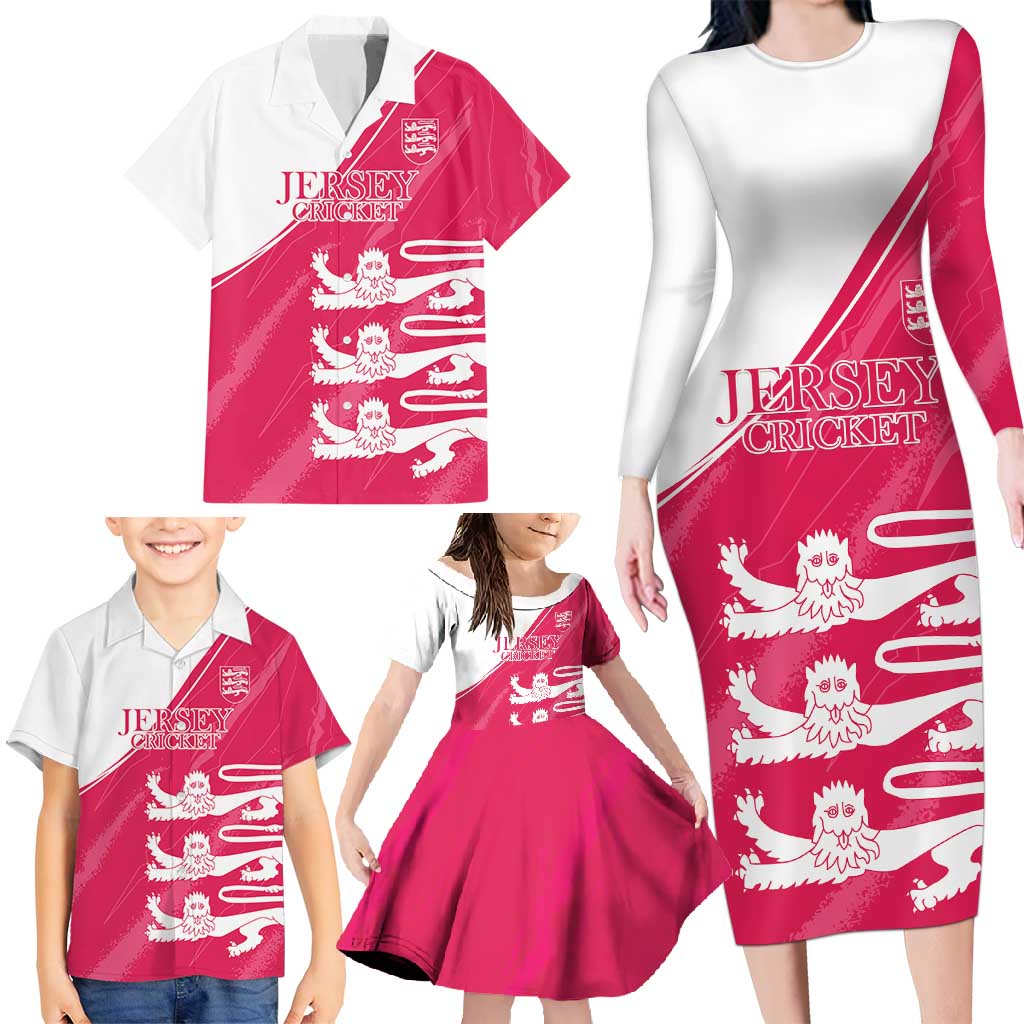 Custom Bailiwick of Jersey Cricket Family Matching Long Sleeve Bodycon Dress and Hawaiian Shirt Jer Lions Champion Pink Version - Wonder Print Shop