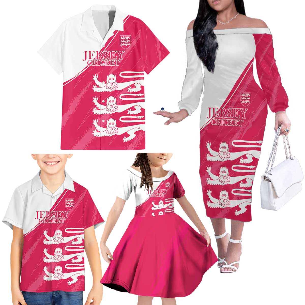 Custom Bailiwick of Jersey Cricket Family Matching Off The Shoulder Long Sleeve Dress and Hawaiian Shirt Jer Lions Champion Pink Version - Wonder Print Shop