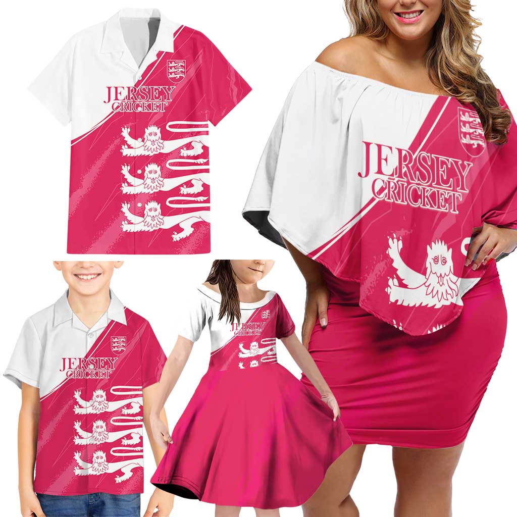 Custom Bailiwick of Jersey Cricket Family Matching Off Shoulder Short Dress and Hawaiian Shirt Jer Lions Champion Pink Version - Wonder Print Shop