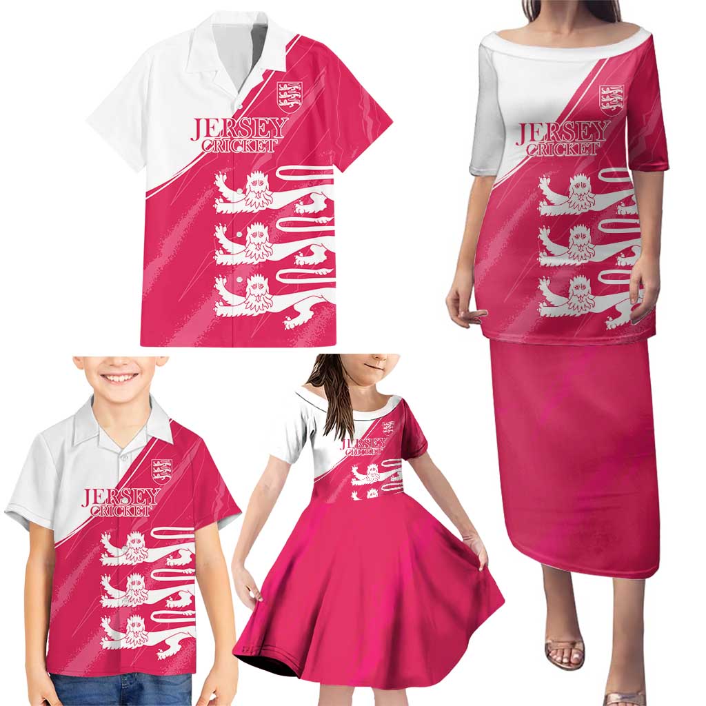 Custom Bailiwick of Jersey Cricket Family Matching Puletasi and Hawaiian Shirt Jer Lions Champion Pink Version - Wonder Print Shop
