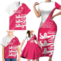 Custom Bailiwick of Jersey Cricket Family Matching Short Sleeve Bodycon Dress and Hawaiian Shirt Jer Lions Champion Pink Version - Wonder Print Shop