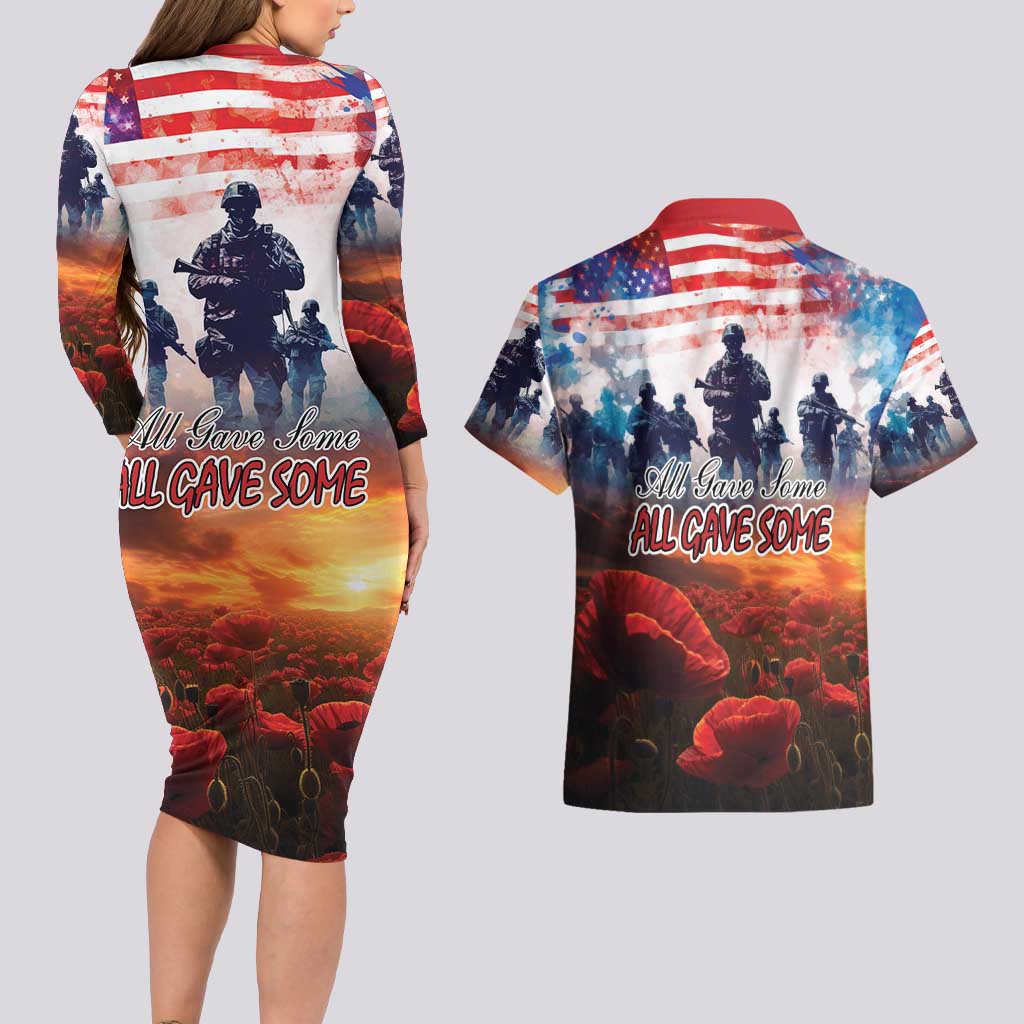 USA Veterans Day Couples Matching Long Sleeve Bodycon Dress and Hawaiian Shirt All Gave Some With Poppy Patterns - Wonder Print Shop