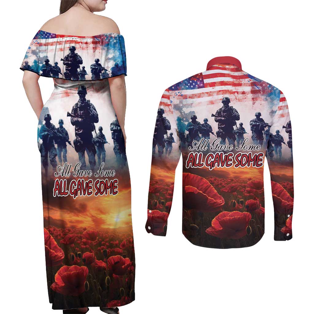 USA Veterans Day Couples Matching Off Shoulder Maxi Dress and Long Sleeve Button Shirt All Gave Some With Poppy Patterns - Wonder Print Shop