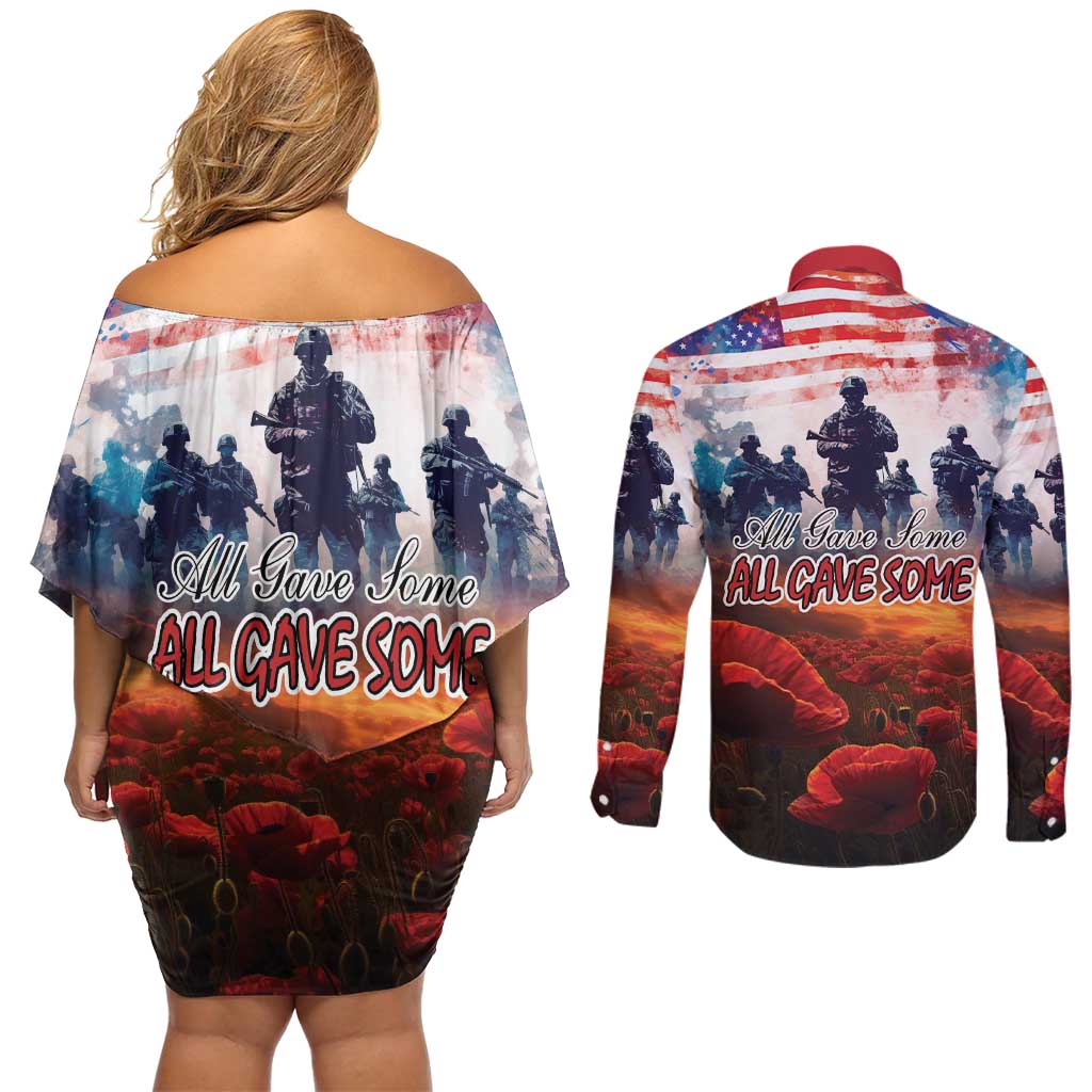 USA Veterans Day Couples Matching Off Shoulder Short Dress and Long Sleeve Button Shirt All Gave Some With Poppy Patterns - Wonder Print Shop