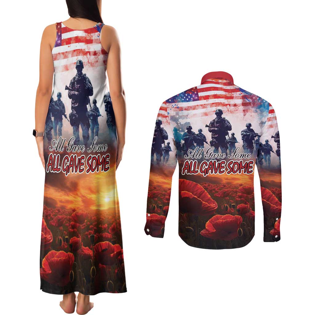 USA Veterans Day Couples Matching Tank Maxi Dress and Long Sleeve Button Shirt All Gave Some With Poppy Patterns - Wonder Print Shop