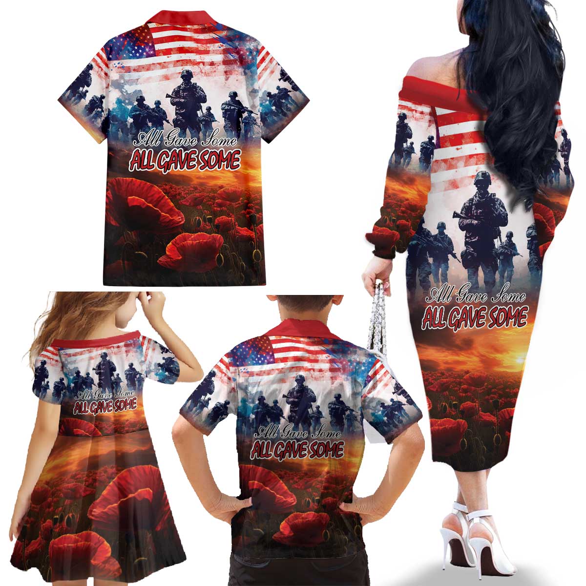 USA Veterans Day Family Matching Off The Shoulder Long Sleeve Dress and Hawaiian Shirt All Gave Some With Poppy Patterns - Wonder Print Shop