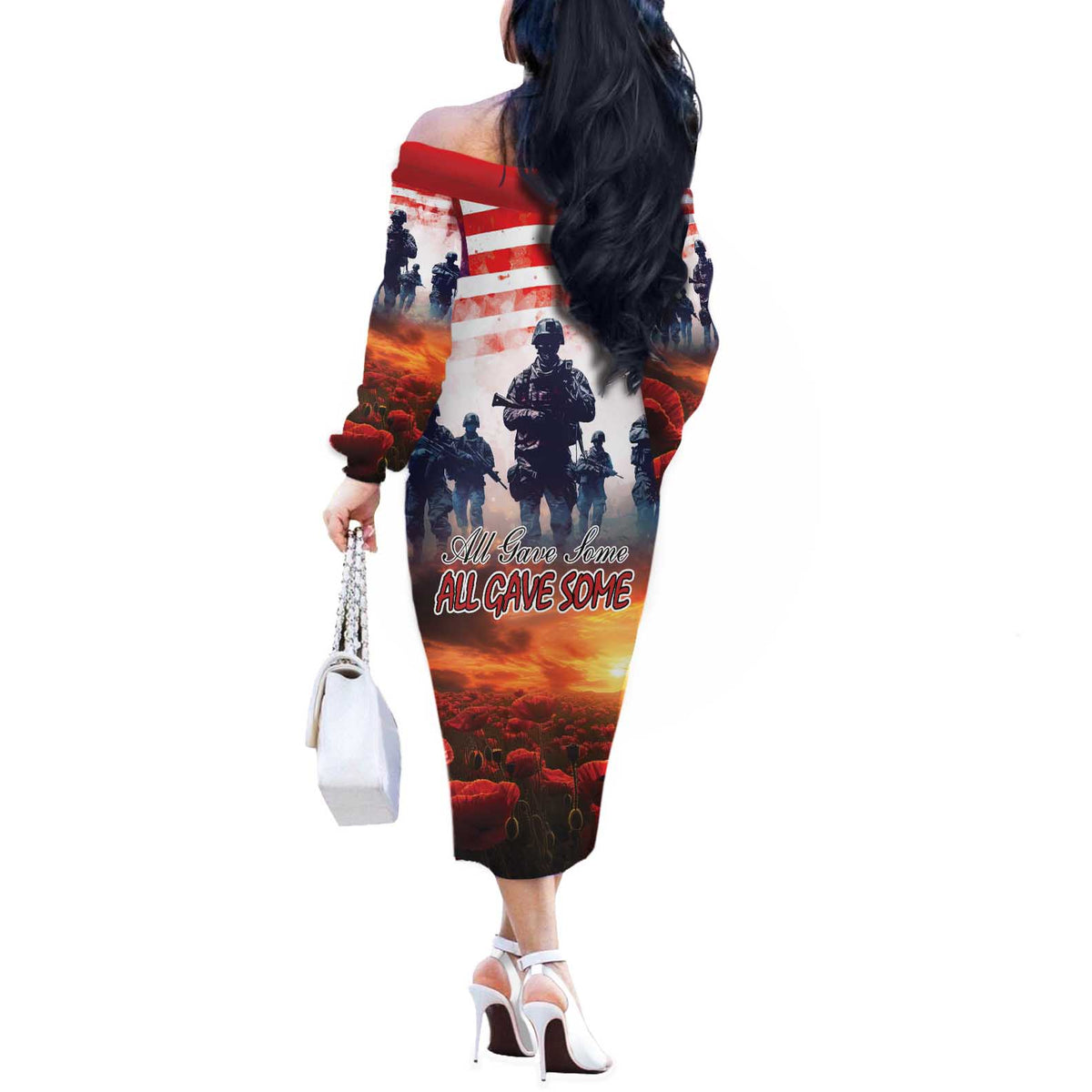 USA Veterans Day Off The Shoulder Long Sleeve Dress All Gave Some With Poppy Patterns - Wonder Print Shop