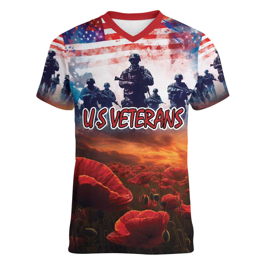 USA Veterans Day Women V-Neck T-Shirt All Gave Some With Poppy Patterns - Wonder Print Shop
