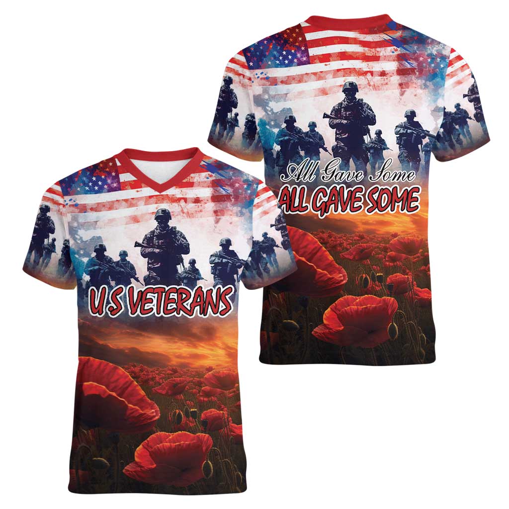 USA Veterans Day Women V-Neck T-Shirt All Gave Some With Poppy Patterns - Wonder Print Shop