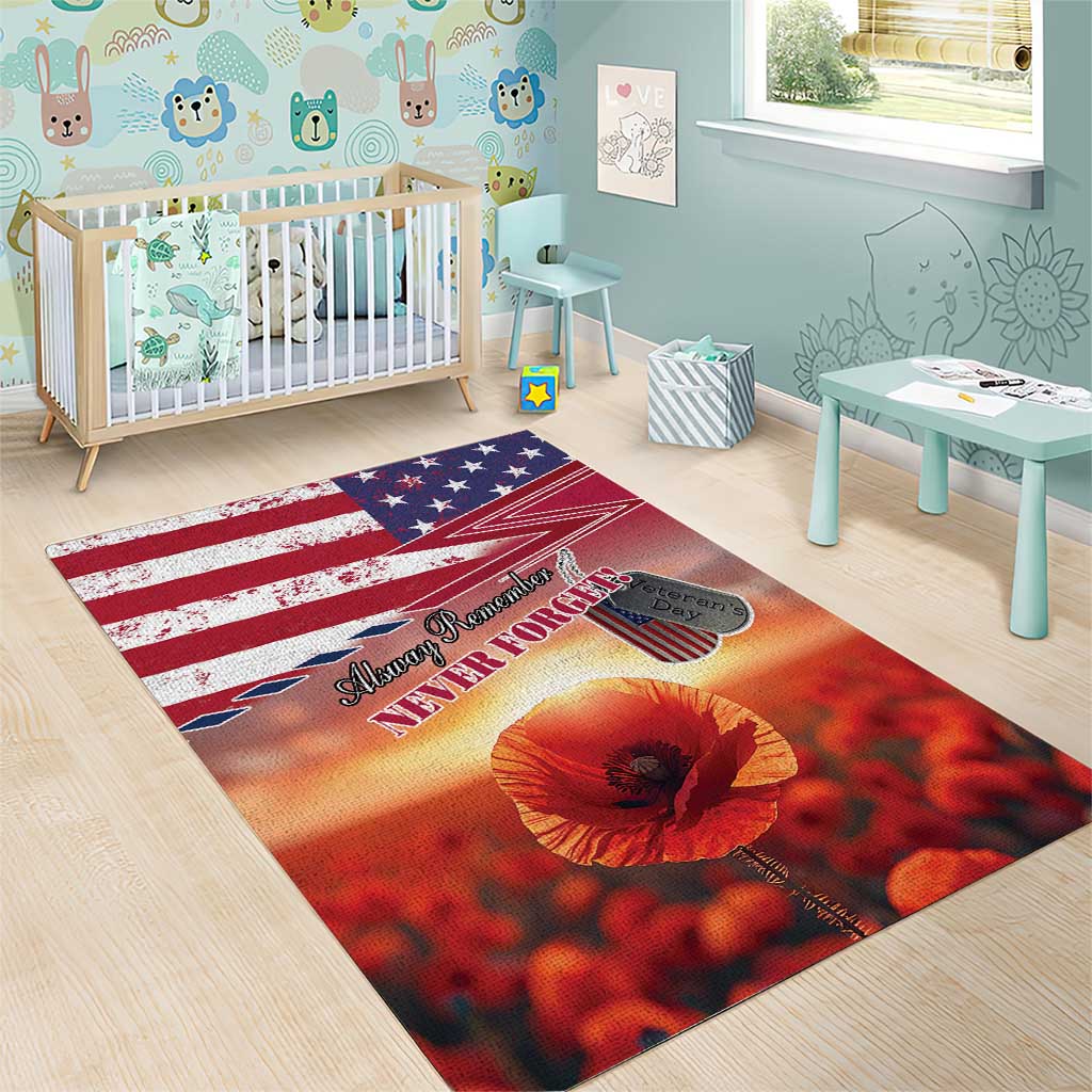 USA Veterans Day Area Rug Poppy Flowers With Flag Grunge - Wonder Print Shop