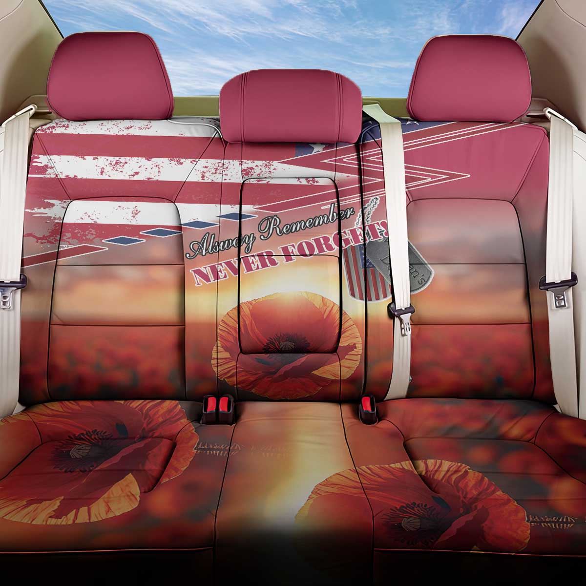 USA Veterans Day Back Car Seat Cover Poppy Flowers With Flag Grunge - Wonder Print Shop