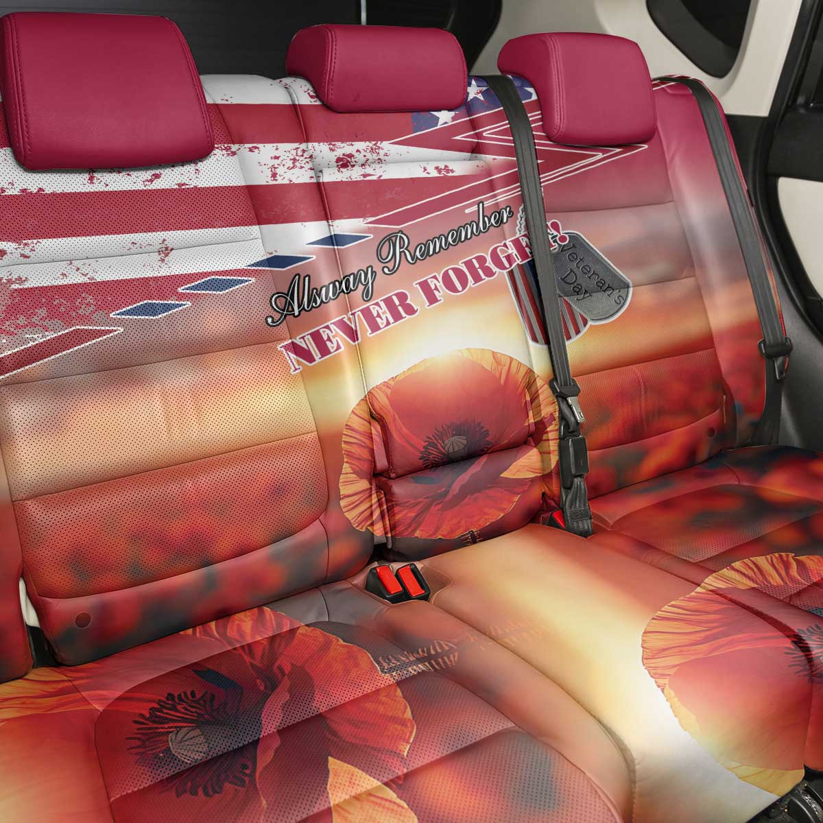 USA Veterans Day Back Car Seat Cover Poppy Flowers With Flag Grunge - Wonder Print Shop
