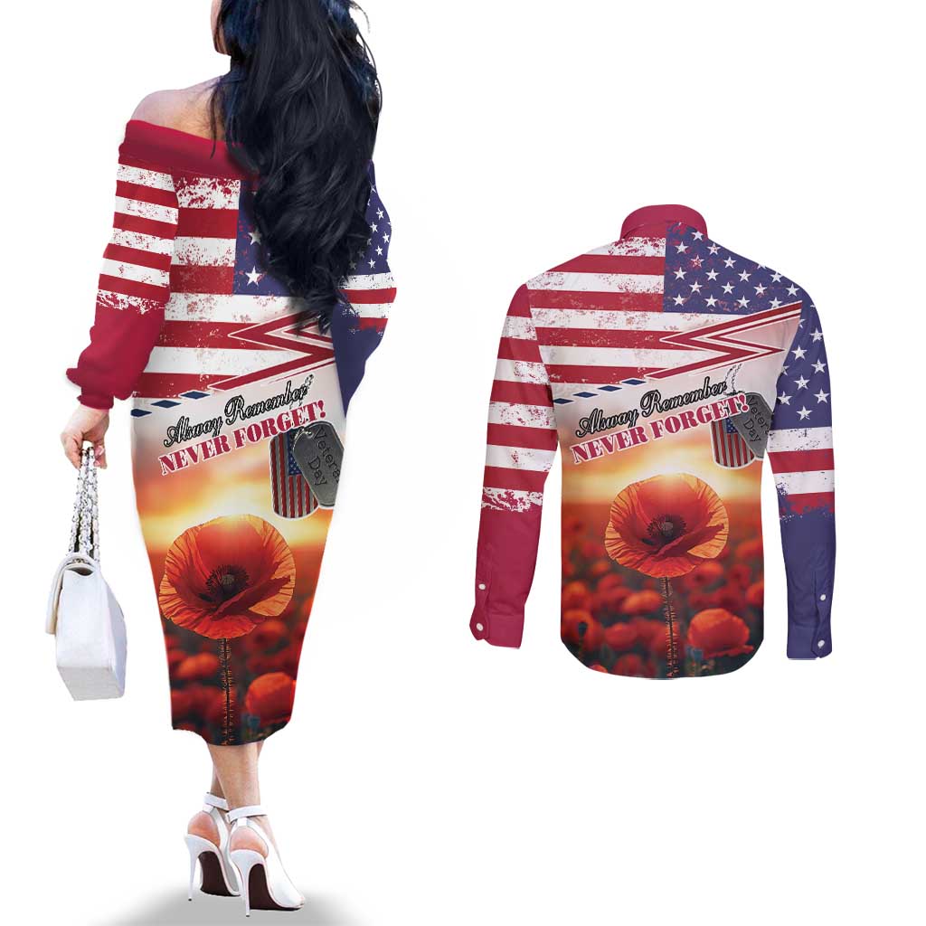USA Veterans Day Couples Matching Off The Shoulder Long Sleeve Dress and Long Sleeve Button Shirt Poppy Flowers With Flag Grunge